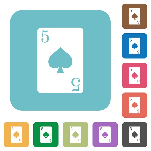 Fünf Pik Karten Weiße Flache Symbole Auf Farbig Abgerundeten Quadratischen — Stockvektor