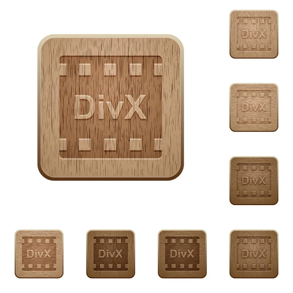 Divx Formato Película Cuadrados Redondeados Tallados Estilos Botón Madera — Vector de stock