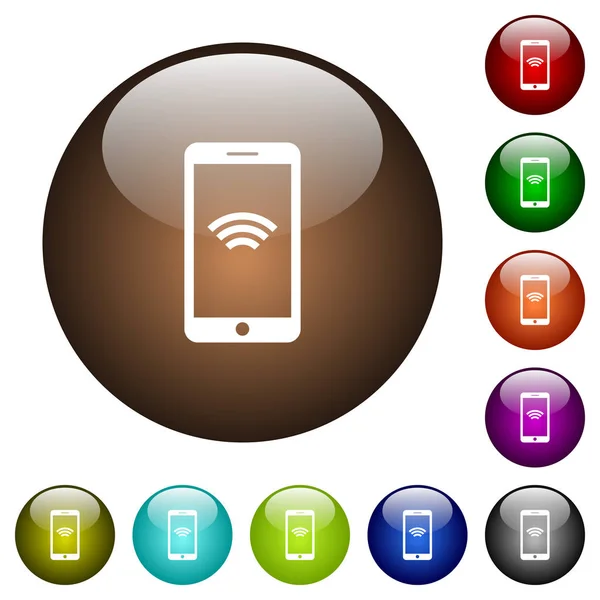 Cellulare Con Simbolo Rete Wireless Icone Bianche Pulsanti Vetro Colori — Vettoriale Stock