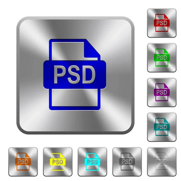 Psd File Format Engraved Icons Rounded Square Glossy Steel Buttons — Stock Vector