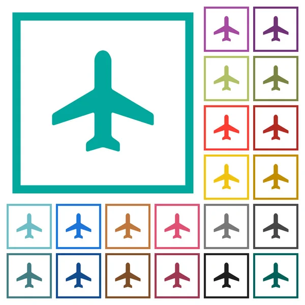 Avión Iconos Color Plano Con Marcos Cuadrante Sobre Fondo Blanco — Vector de stock