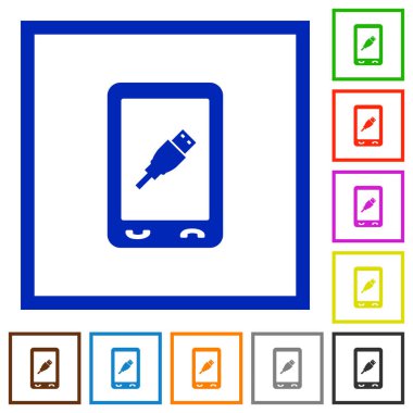Mobil usb bağlantı düz renk simgeleri beyaz arka plan üzerinde kare kare
