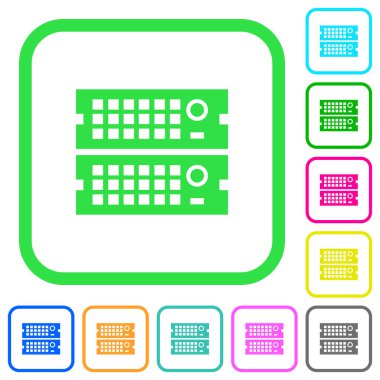Beyaz arka plan üzerinde eğri sınırları içinde düz simgeler raf tipi sunucular canlı renkte
