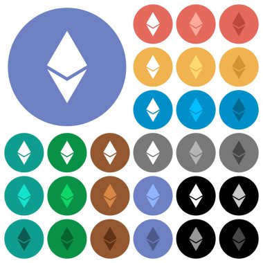 Ethereum dijital cryptocurrency çok düz simgeler yuvarlak arka plan üzerinde renkli. Beyaz, açık ve koyu kutsal kişilerin resmi varyasyon vurgulu ve etkin durumu efektleri ve bonus tonları siyah backgounds tarih dahil.