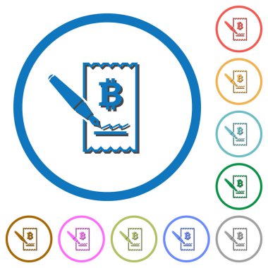 Bitcoin imza çek düz renk vektör kutsal kişilerin resmi ile beyaz arka plan üzerinde yuvarlak özetliyor gölgelerde