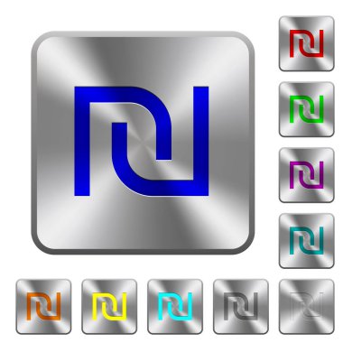 İsrail Yeni Şekeli işareti simgeleri Yuvarlatılmış kare parlak çelik düğmeler üzerinde kazınmış.