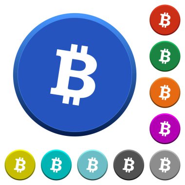 Bitcoin dijital cryptocurrency yuvarlak renk eğimli düğmeleri ile pürüzsüz yüzeylerde ve düz beyaz simgeler