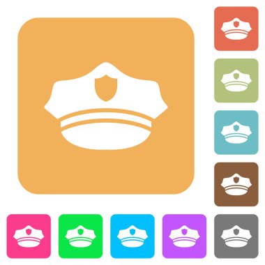 Polis Yuvarlatılmış kare canlı renkli arka planlar üzerinde düz simgeler şapka.