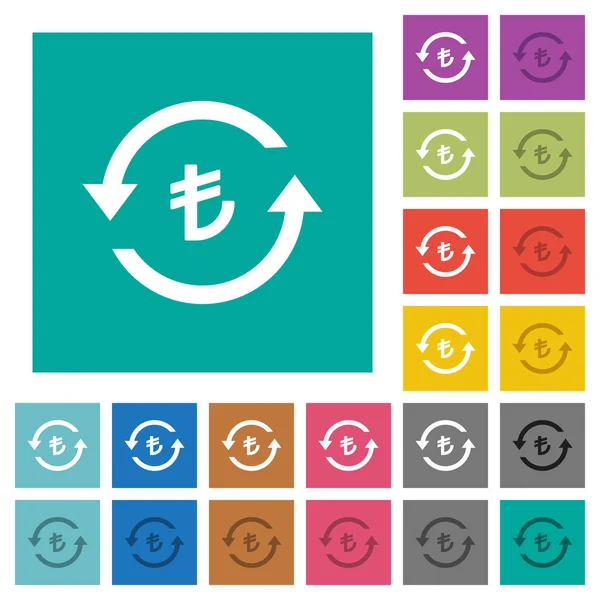 Turkish Lira pay back multi colored flat icons on plain square backgrounds. Included white and darker icon variations for hover or active effects.