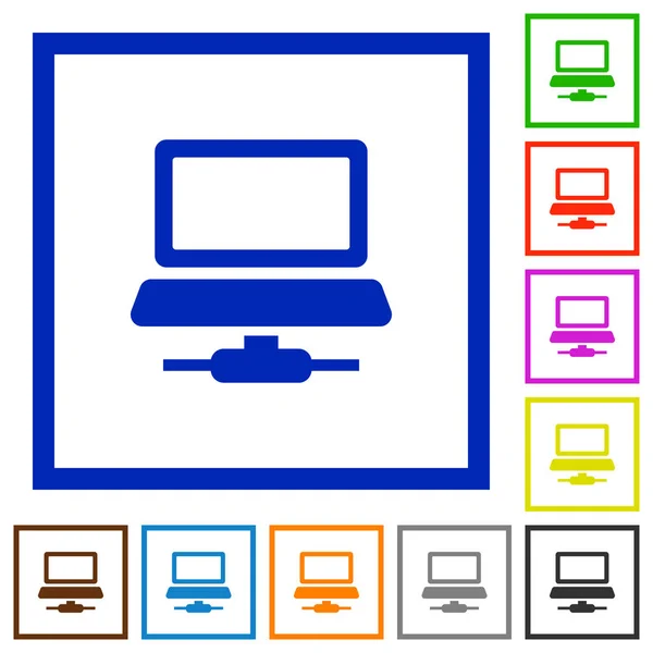 Netzwerk Computer Flache Farbsymbole Quadratischen Rahmen Auf Weißem Hintergrund — Stockvektor