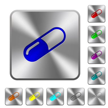 Hap simgeler Yuvarlatılmış kare parlak çelik düğmeler üzerinde kazınmış.