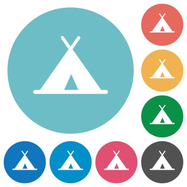 Yuvarlak renkli arka planlar üzerinde çadır düz beyaz simgeler