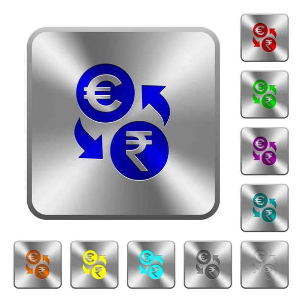 Euro Rupee Money Exchange Engraved Icons Rounded Square Glossy Steel — Stock Vector