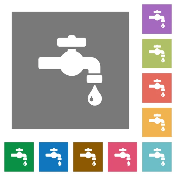 Water faucet with water drop flat icons on simple color square backgrounds