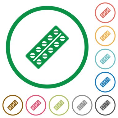 Vakumlu ambalaj düz renk simgeleri hap toplu yuvarlak beyaz arka plan üzerinde anahatları