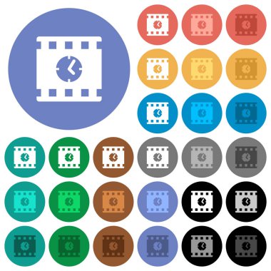 Zaman multi oynamak film yuvarlak arka planlar üzerinde düz simgeler renkte. Beyaz, açık ve koyu kutsal kişilerin resmi varyasyon vurgulu ve etkin durumu efektleri ve bonus tonları siyah backgounds tarih dahil.