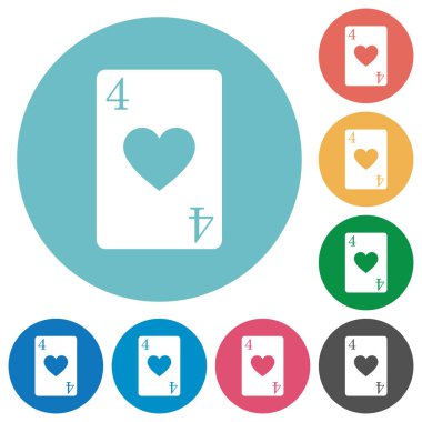 Dört kalp kart düz beyaz simgeler üzerinde yuvarlak renkli arka planlar