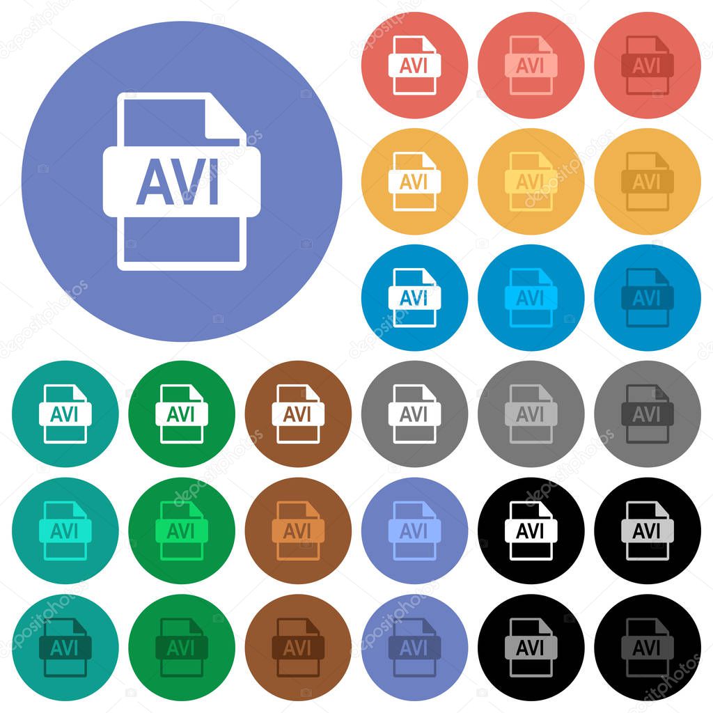 AVI file format multi colored flat icons on round backgrounds. Included white, light and dark icon variations for hover and active status effects, and bonus shades on black backgounds.