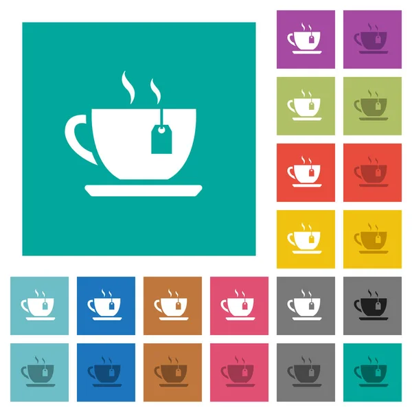 Tasse Tee Mit Teebeutel Mehrfarbige Flache Symbole Auf Einfachen Quadratischen — Stockvektor