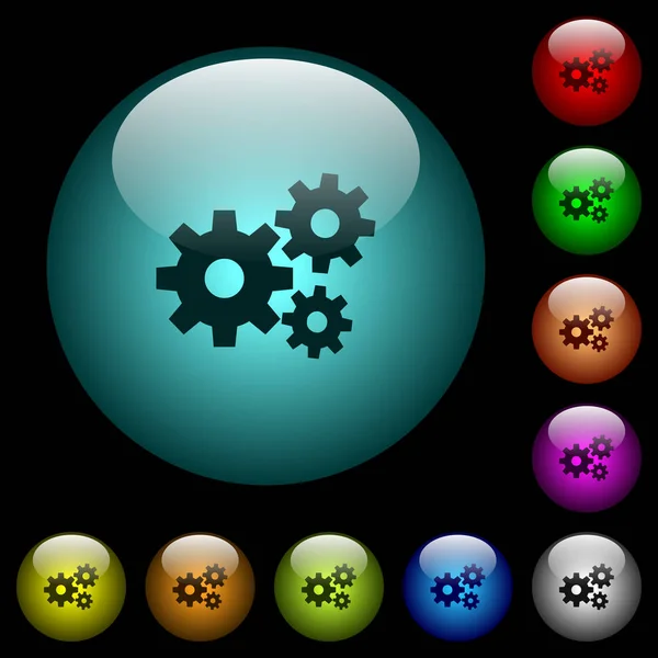Γρανάζια Εικονίδια Στα Κουμπιά Φωτιζόμενο Σφαιρικό Γυαλί Χρώμα Μαύρο Φόντο — Διανυσματικό Αρχείο