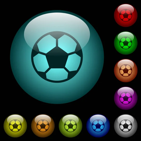 Fußball Ikonen Farbig Beleuchteten Kugelförmigen Glasknöpfen Auf Schwarzem Hintergrund Kann — Stockvektor