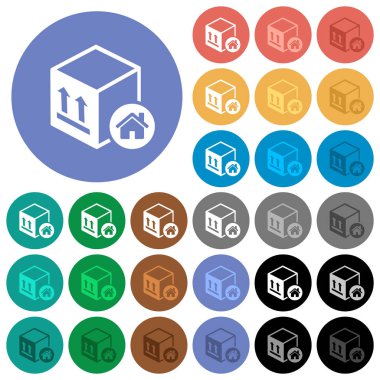 Paket depo çok yuvarlak arka planlar üzerinde düz simgeler renkte. Beyaz, açık ve koyu kutsal kişilerin resmi varyasyon vurgulu ve etkin durumu efektleri ve bonus tonları siyah backgounds tarih dahil.