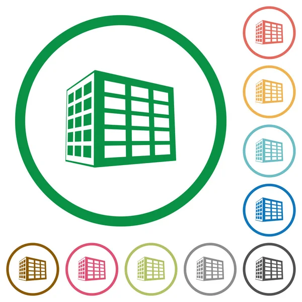 Ofis bloğu düz renk simgeleri özetliyor beyaz arka plan üzerinde yuvarlak