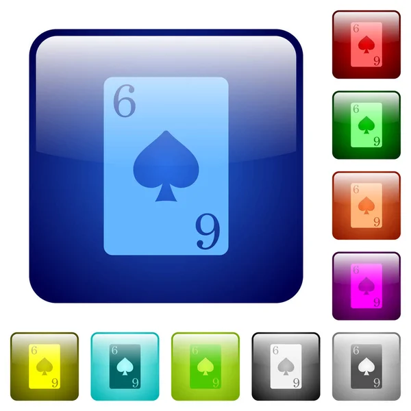 六黑桃卡片图标在圆角正方形颜色光滑的按钮集合 — 图库矢量图片