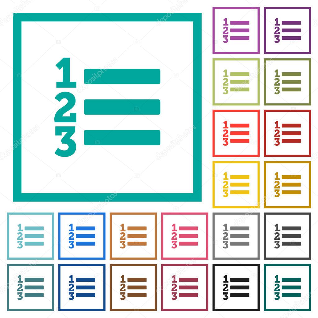 Ordered list flat color icons with quadrant frames on white background