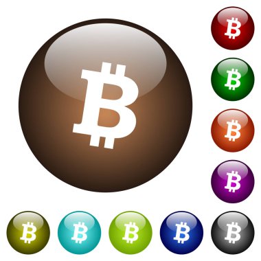 Yuvarlak Bitcoin dijital cryptocurrency beyaz simgeler üzerinde renk cam düğmeleri