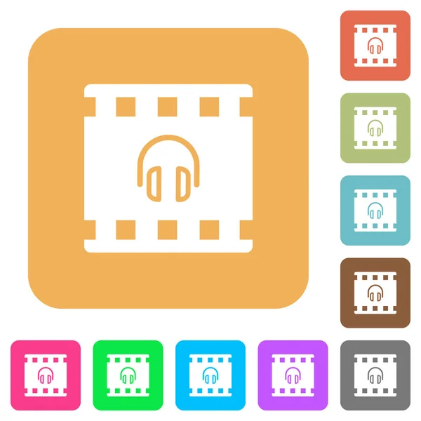 Película Audio Iconos Planos Sobre Fondos Cuadrados Redondeados Colores Vivos — Vector de stock