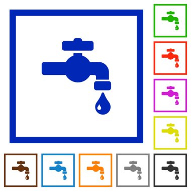 Su musluk su ile kare kare beyaz arka plan üzerinde düz renk simgeleri damla