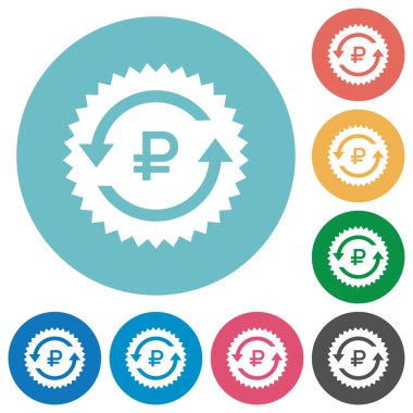 Geri ödeme Rublesi garanti etiketi düz beyaz simgeleri yuvarlak renkli arka planlar