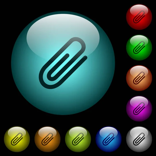 附件图标在彩色照明球形玻璃按钮黑色背景 可用于黑色或深色模板 — 图库矢量图片