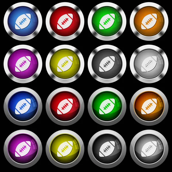 橄榄球球白色图标在圆光泽按钮与钢框架在黑背景 按钮有两种不同的样式和八颜色 — 图库矢量图片