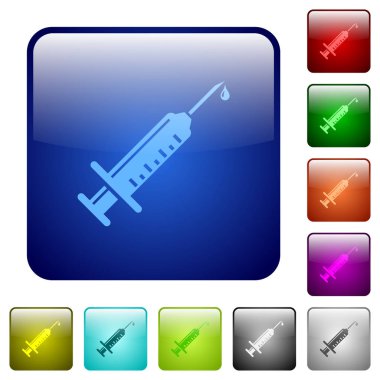 Yuvarlatılmış kare renk parlak düğme kümesi içinde açılan simgelerle şırınga