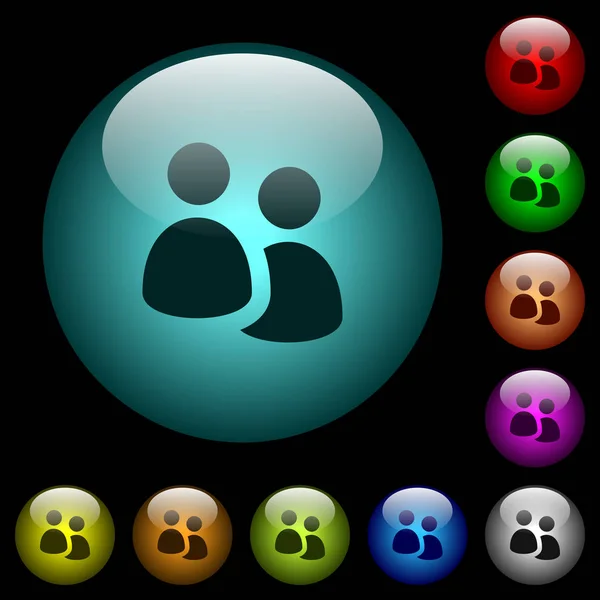 用户组图标在彩色照明球形玻璃按钮上黑色背景 可用于黑色或深色模板 — 图库矢量图片