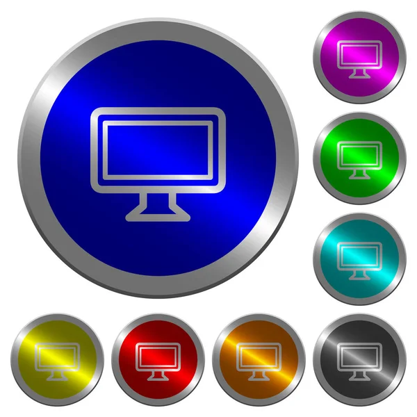 Single Monitor Icons Luminous Coin Color Steel Buttons — Stock Vector
