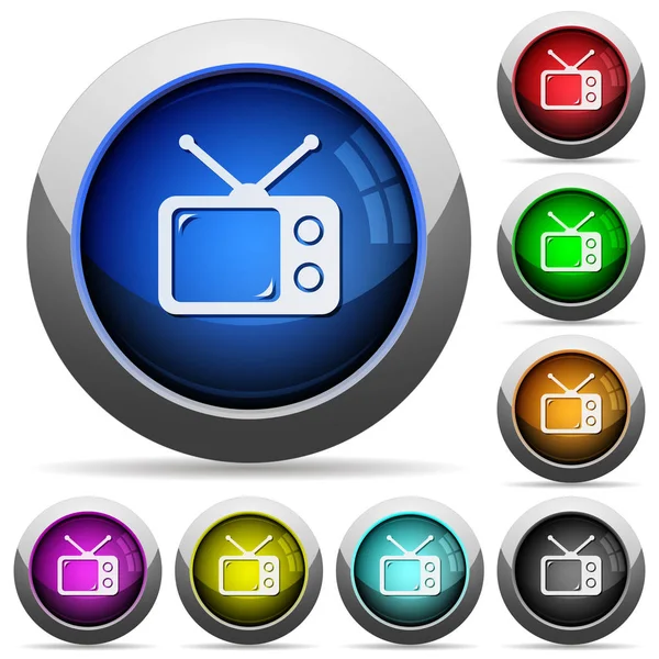 Iconos Televisión Retro Vintage Botones Brillantes Redondos Con Marcos Acero — Vector de stock