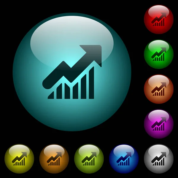 Rosnące Ikony Wykresu Kolorowe Przyciski Podświetlane Szklane Czarnym Tle Może — Wektor stockowy