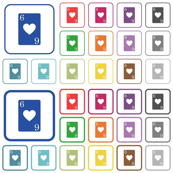 Six Des Coeurs Couleur Carte Icônes Plates Dans Des Cadres — Image vectorielle