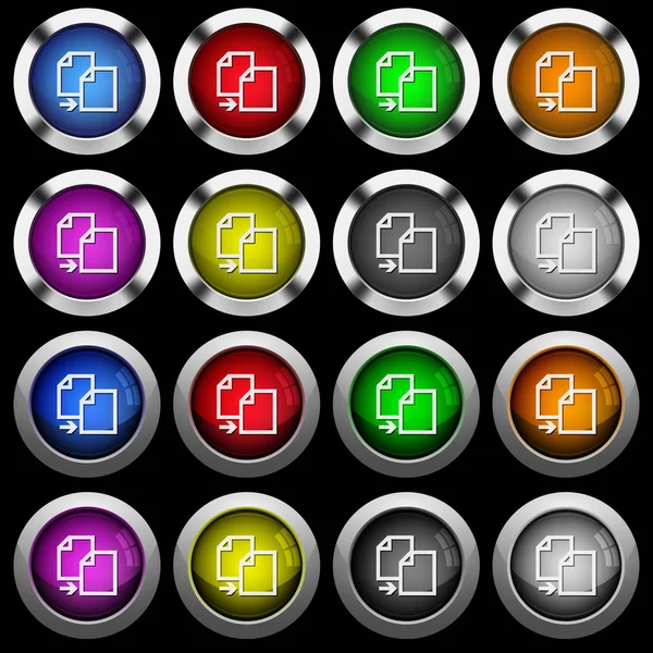 复制项目白色图标在圆形光泽按钮与钢框架在黑色背景 按钮有两种不同的样式和八颜色 — 图库矢量图片