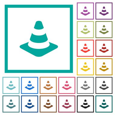 Trafik koni düz renk simgeleri beyaz arka plan üzerinde çeyreği çerçeveli