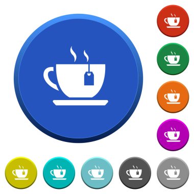 Çay çay poşeti ile yuvarlak renk eğimli düğmeleri ile pürüzsüz yüzeylerde ve düz beyaz simgeler