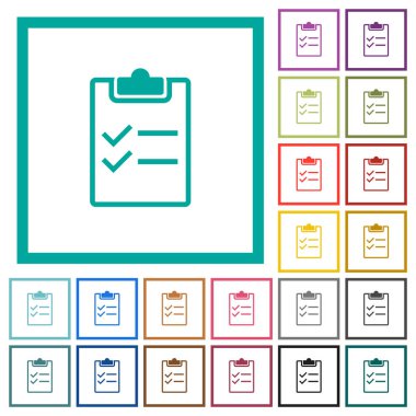 Dörtgen Bölümlü kare beyaz arka plan üzerinde denetim listesi düz renk simgelerle