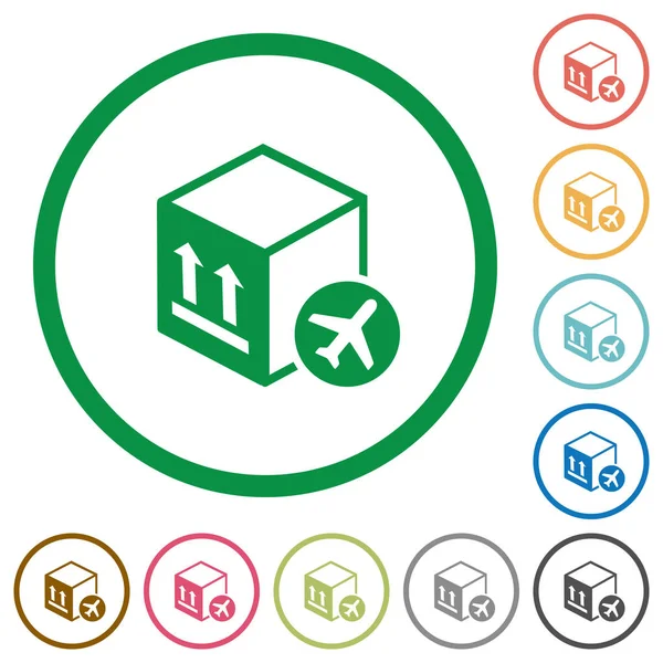 Air package transportation flat color icons in round outlines on white background