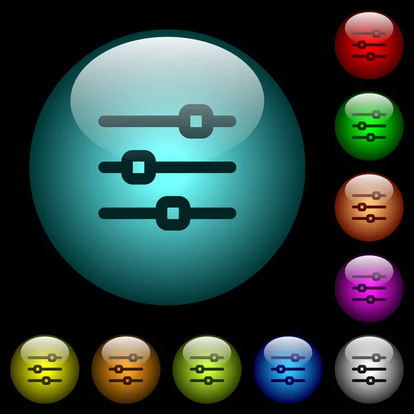 水平调整图标在彩色照明球形玻璃按钮黑色背景 可用于黑色或深色模板 — 图库矢量图片