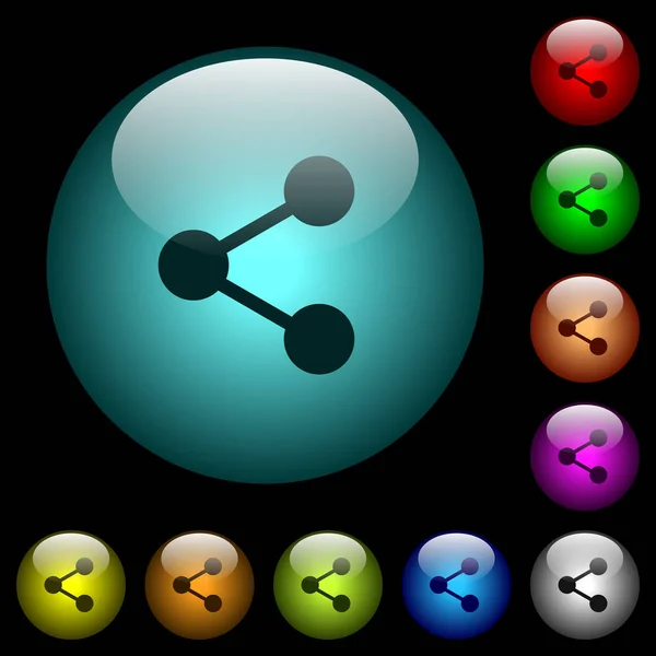 Sdílení Ikony Tlačítka Podsvícené Sférické Sklo Barev Černém Pozadí Lze — Stockový vektor