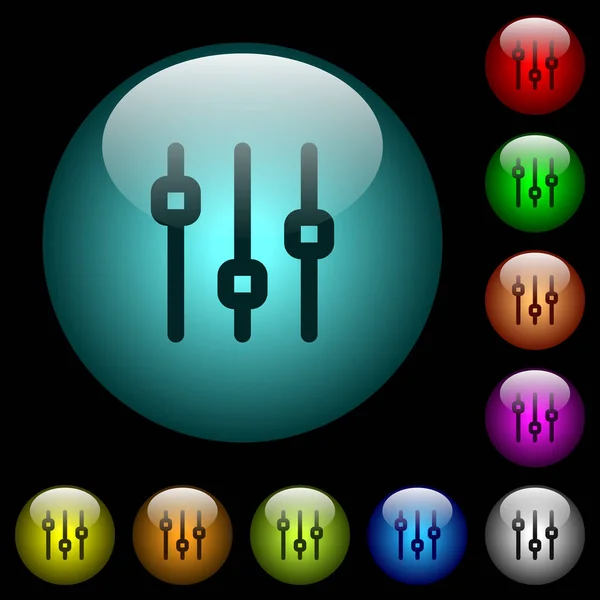 Ícones Ajuste Vertical Botões Vidro Esféricos Iluminados Cores Fundo Preto — Vetor de Stock
