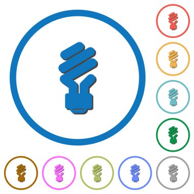 Enerji tasarruflu Floresan ampul düz renk vektör simgeler yuvarlak özetliyor gölgelerde ile beyaz arka plan üzerinde